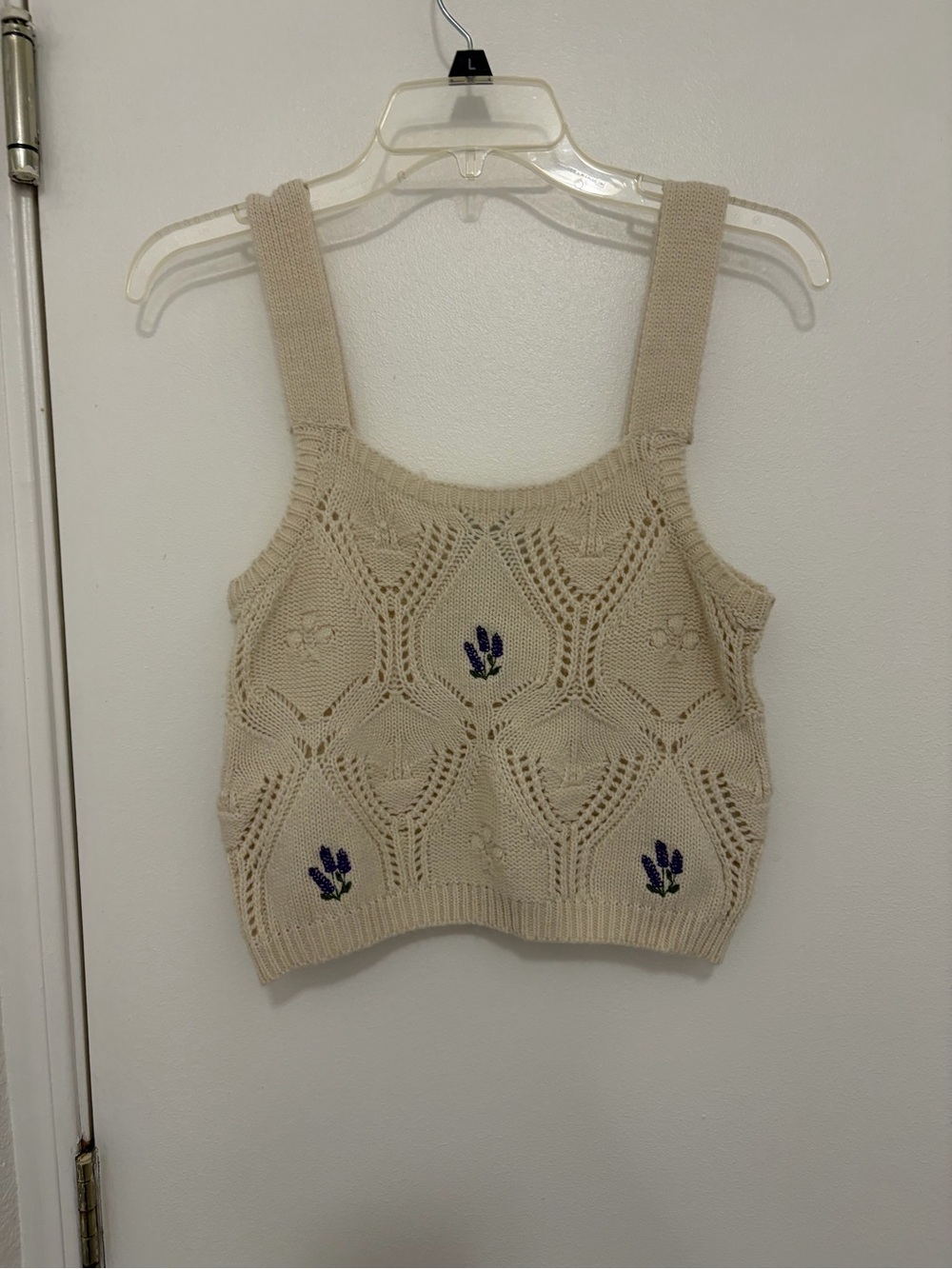 Pink Rose Beige Cropped Knit Tank with Purple Floral Embroidery